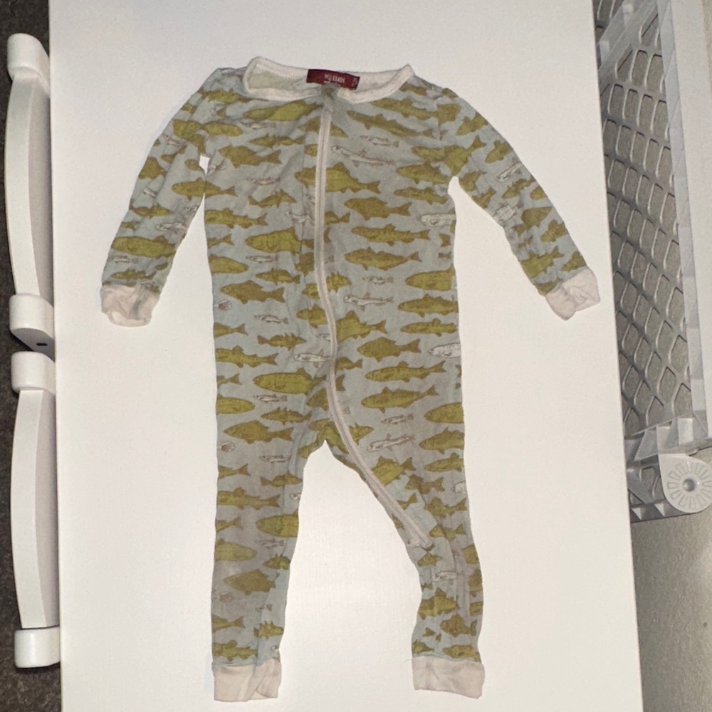 Milkbarn Green and White Fish Print Footie